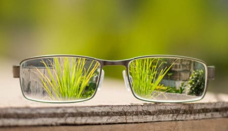 glasses with blades of grass in focus